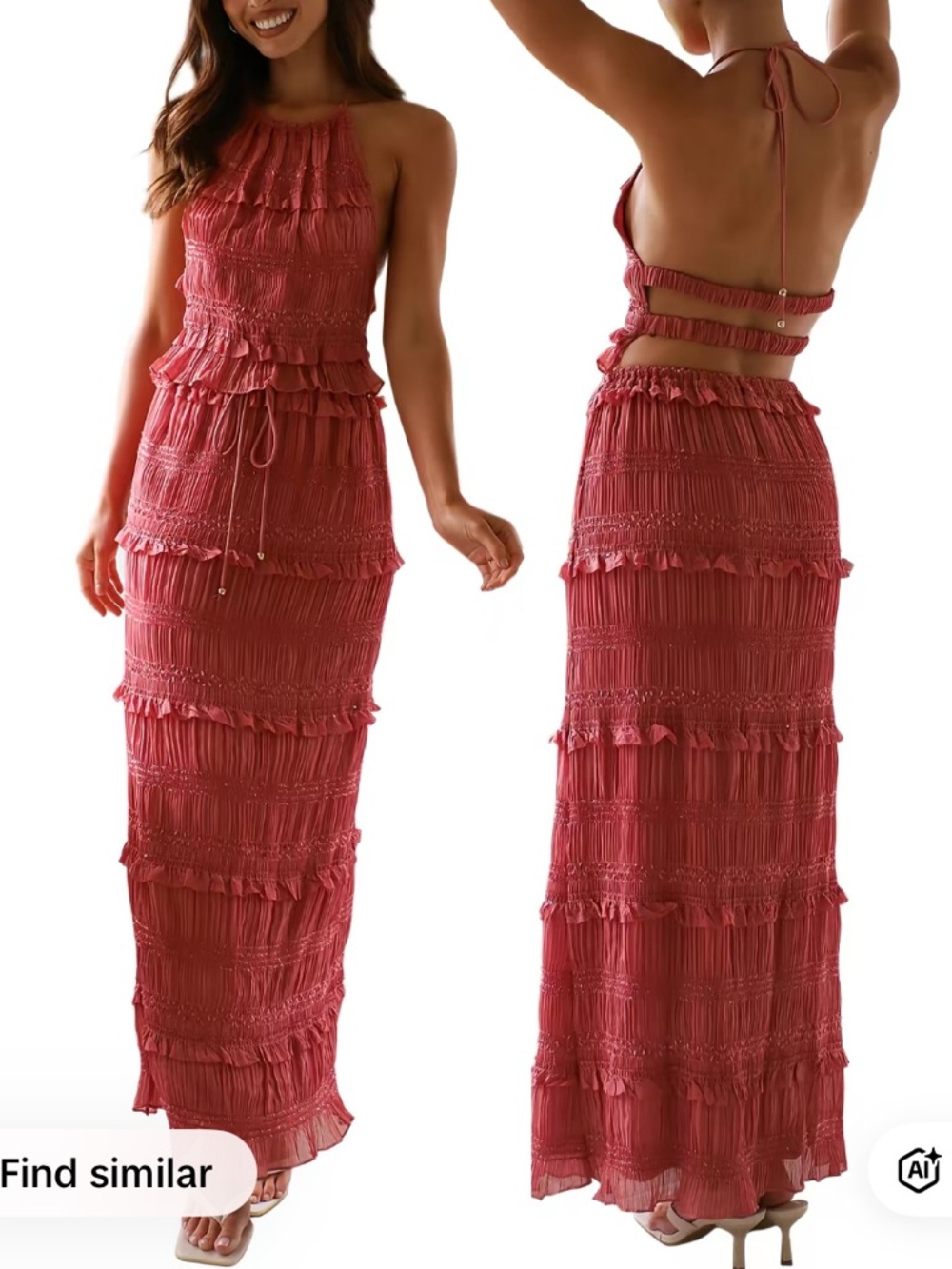 Shirred Tie-up Halter Neck Sleeveless open back. Drawstring long skirt 2 piece